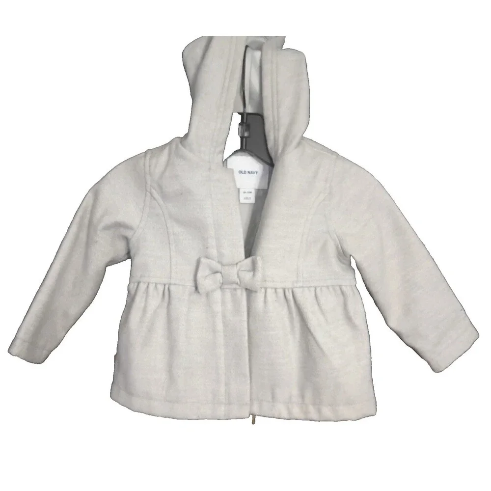 Old Navy Baby Girls Gray Swing Hooded Peacoat- Zip & Bow Snap Closure 18-24mths
